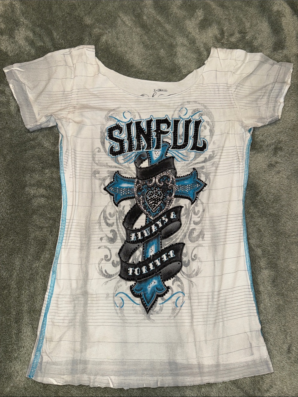 Sinful White Tee with Blue Cross